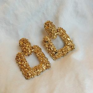 Gold Textured Drop Earrings, Rectangle